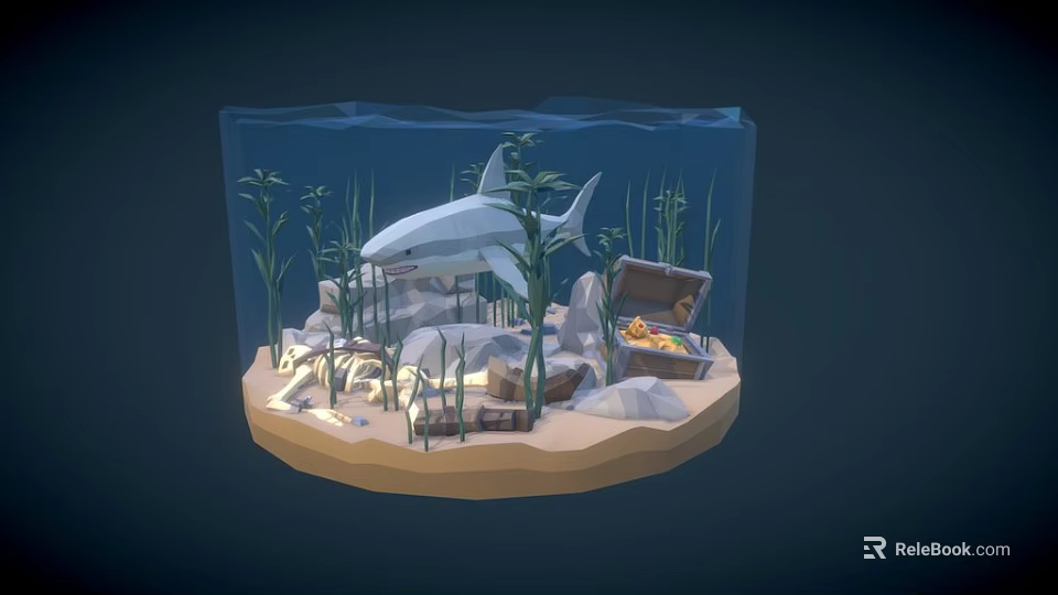 Cartoon Underwater Scene With Shark Aquarium Plants Treasure Chest And Rocks 3d model 
