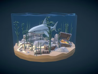 Cartoon Underwater Scene With Shark Aquarium Plants Treasure Chest And Rocks 3d model