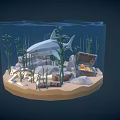 Cartoon Underwater Scene With Shark Aquarium Plants Treasure Chest And Rocks