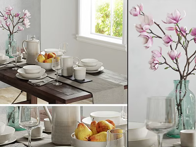 Elegant Dinnerware Set For Modern Table Setting With Fruits Pink Flowers Vase And Natural Light 3d model