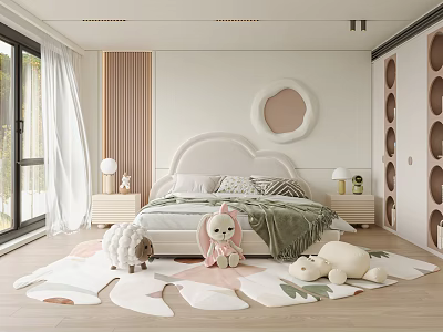 Modern Kids Room With Pink Rabbit Plush White Sheep Toy And Green Blanket 3d model