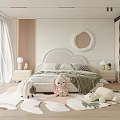 Modern Kids Room With Pink Rabbit Plush White Sheep Toy And Green Blanket