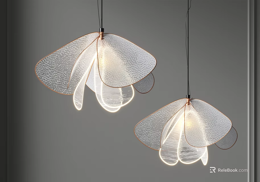 Modern Decorative Petal Shaped Textured Transparent Chandeliers Illuminated on Grey Background 3d model 