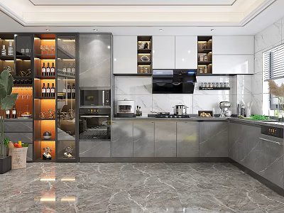 Modern Kitchen Interior With Cabinets Appliances And Marble Countertop Design 3d model