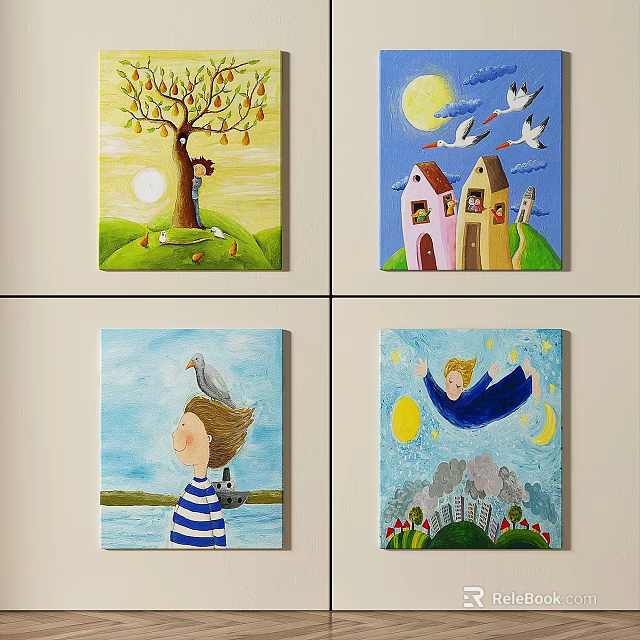Colorful Abstract Paintings Featuring Tree Sun Figures Houses Moon Birds Boy Dove and Flying Elements 3d model 