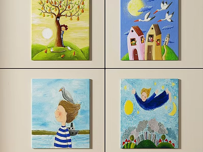 Colorful Abstract Paintings Featuring Tree Sun Figures Houses Moon Birds Boy Dove and Flying Elements 3d model