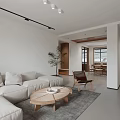 Modern Living Dining Room With Light Gray Sofa Wooden Coffee Table And Green Plants