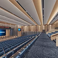 Spacious Conference Room With Rows of Blue Seats Modern Ceiling And Patterned Carpet