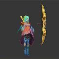 3D Render Fantasy Character With Purple Hair And Flaming Bow In Ornate Costume Back View