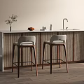 Elegant Bar Counter With Marble Top Woven Panels Bar Stools Vase And Fruits