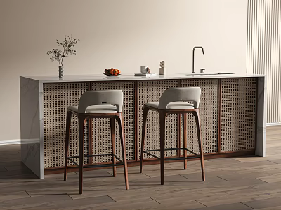 Elegant Bar Counter With Marble Top Woven Panels Bar Stools Vase And Fruits 3d model
