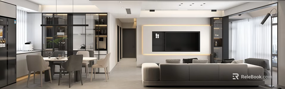 Modern Living And Dining Room Interior With Gray Sofa Dining Table And TV Wall 3d model