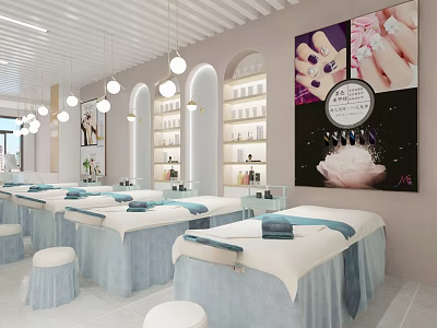 Modern Bright Beauty Salon Interior With Treatment Beds Nail Art Posters And Product Shelves 3d model