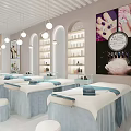 Modern Bright Beauty Salon Interior With Treatment Beds Nail Art Posters And Product Shelves