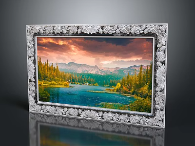 Ornate Framed Landscape Painting With Lake Forest Mountain And Sunset Sky 3d model