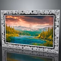 Ornate Framed Landscape Painting With Lake Forest Mountain And Sunset Sky