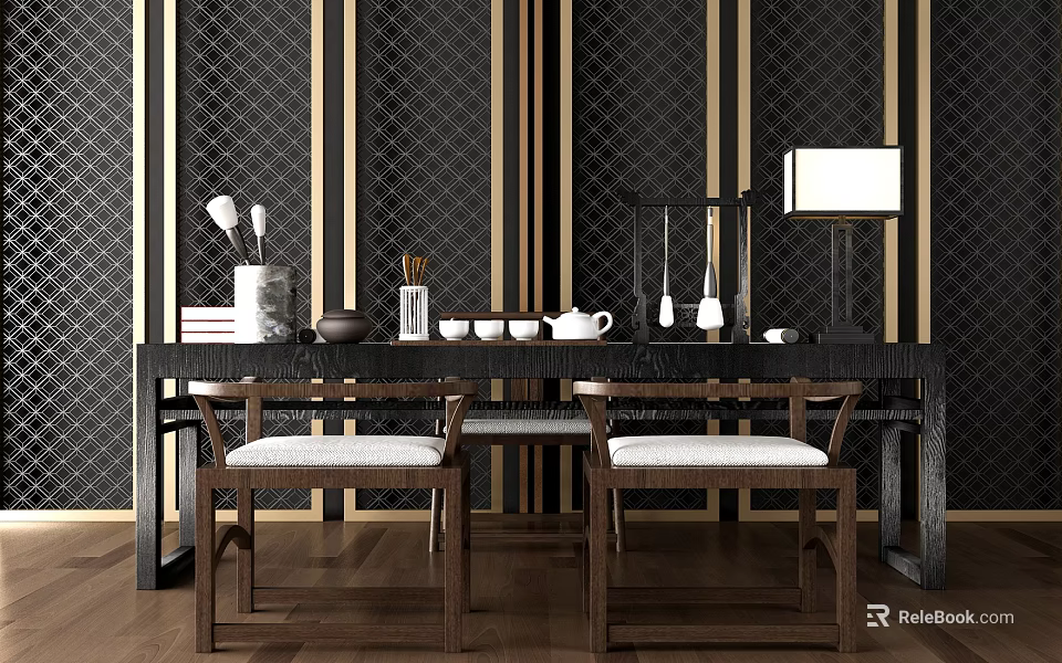 Elegant Modern Desk With Dark Wood Table Lamp Tea Set And Chairs 3d model 