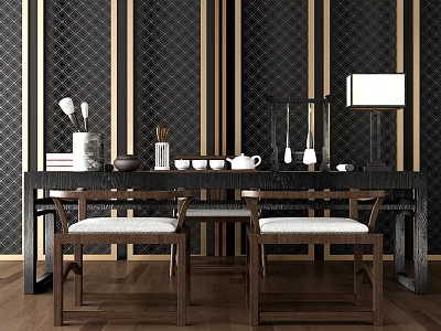 Elegant Modern Desk With Dark Wood Table Lamp Tea Set And Chairs 3d model