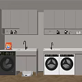 Laundry Room Interior With Washing Machines Gray Cabinets Countertops And Wooden Flooring