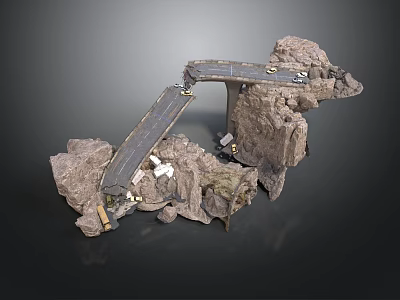 Detailed Rocky Terrain Model Featuring Suspended Bridge and Vehicle Elements 3d model