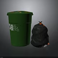 Green Trash Bin With Reuse Reduce Recycle Label And Black Garbage Bag
