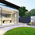 Modern Entrance Gate Design With Black Fence Green Plants And Courtyard Water Feature