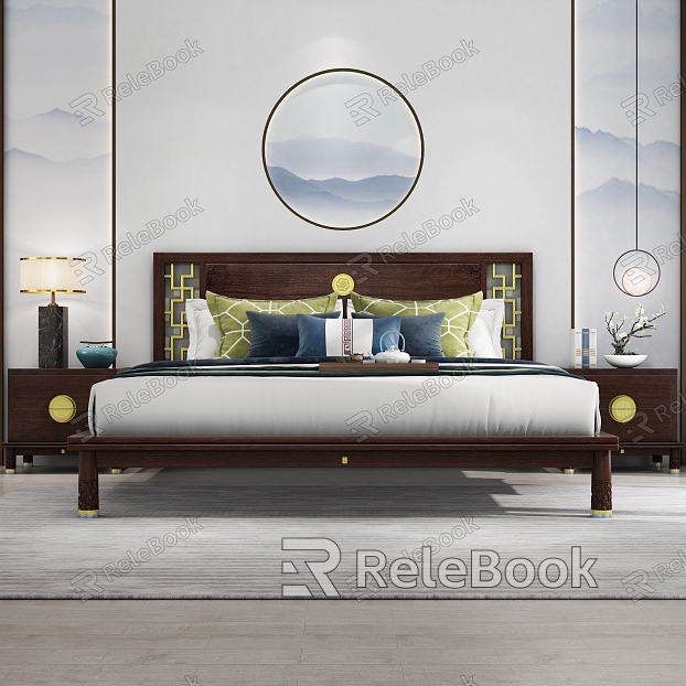 New Chinese Background Double Bed Bed Copper Detail Front model