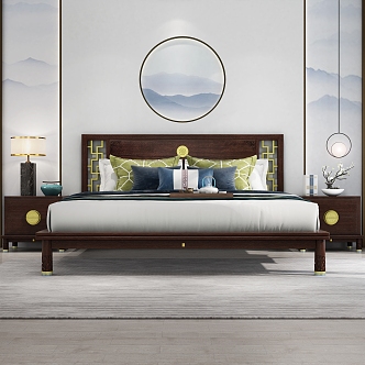 New Chinese Background Double Bed Copper Detail Front 3d model