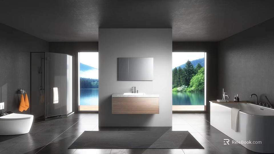 Luxury Modern Bathroom With Floating Wood Vanity And Large Floor Windows Overlooking Stunning Lakeside Scenery 3d model 