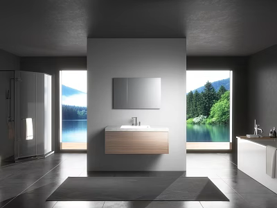 Luxury Modern Bathroom With Floating Wood Vanity And Large Floor Windows Overlooking Stunning Lakeside Scenery 3d model