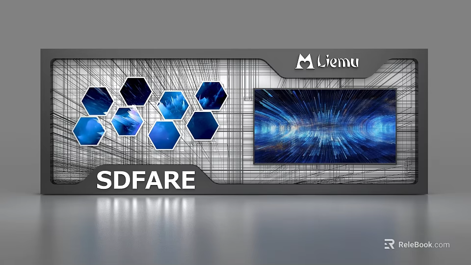 Modern Display Shelves With Hexagonal Blue Elements And Large Screen For Liemu SDFARE 3d model