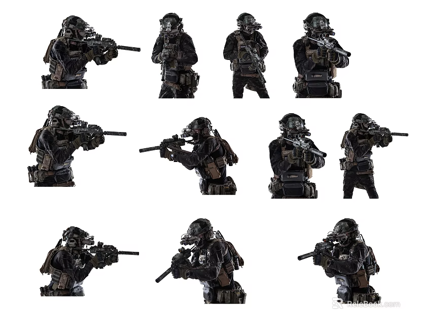 Man In Tactical Military Gear Holding Weapons In Various Combat Poses 3d model 