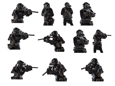 Man In Tactical Military Gear Holding Weapons In Various Combat Poses 3d model