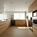 Modern Commercial Kitchen Interior With Light Wood Cabinets Stainless Steel Appliances And Bright Lighting