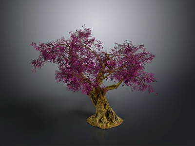 Single Tree With Purple Flowers Thick Trunk And Exposed Roots On Dark Background 3d model