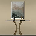 Modern Console Table With Black Top Gold Frame Deer Figurine And Wall Art