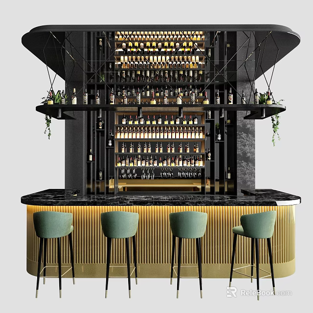 Modern Bar Interior With Black Wine Racks Green Chairs And Gold Counter Design 3d model 
