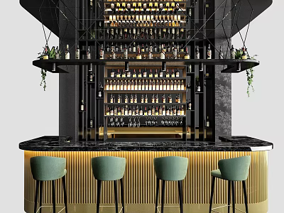 Modern Bar Interior With Black Wine Racks Green Chairs And Gold Counter Design 3d model