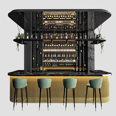 Modern Bar Interior With Black Wine Racks Green Chairs And Gold Counter Design 3d model