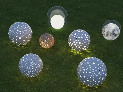 Decorative Outdoor Garden Lights Round Star Pattern Balls And Moon Design Glowing On Lawn At Night 3d model