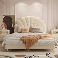 Modern Elegant Double Bed With Scallop Shaped Beige Headboard Orange Throw Blanket And Nightstands