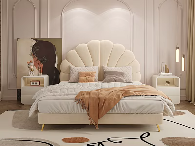 Modern Elegant Double Bed With Scallop Shaped Beige Headboard Orange Throw Blanket And Nightstands 3d model
