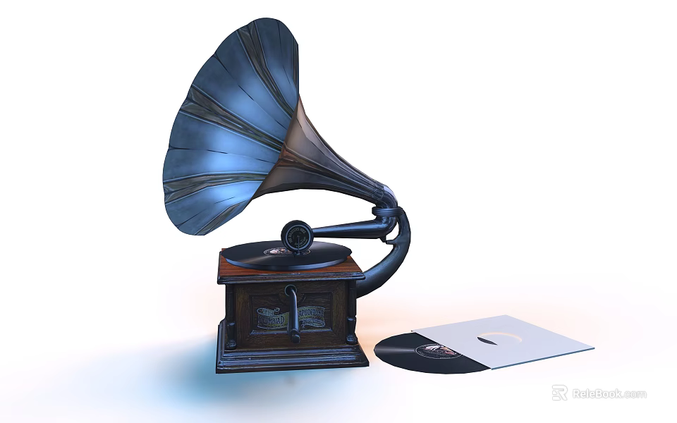 Vintage Phonograph on Wooden Coffee Table with Vinyl Records and Classic Design 3d model 