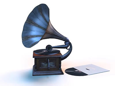 Vintage Phonograph on Wooden Coffee Table with Vinyl Records and Classic Design 3d model