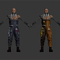 Two Futuristic Cybernetic Characters In Mechanical Work Overalls Standing Together