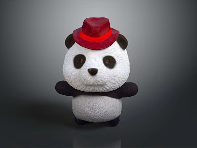 Cute Panda Plush Toy Wearing Red Hat Standing On Dark Background 3d model