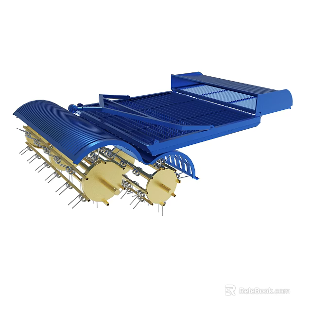 Blue Mechanical Conveyor Structure With Metal Pins And Gold Circular Components 3d model 