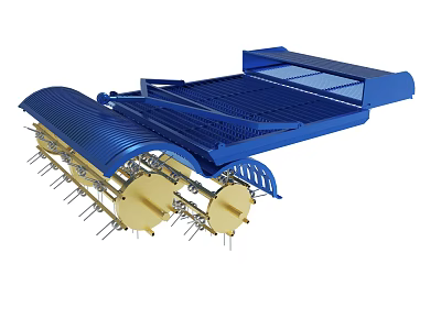 Blue Mechanical Conveyor Structure With Metal Pins And Gold Circular Components 3d model