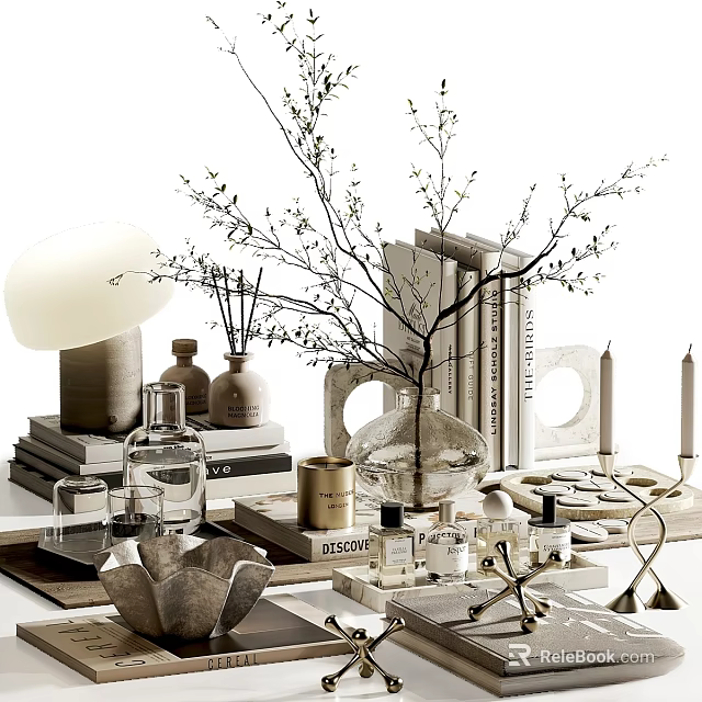 Elegant Modern Decorative Ornament Set With Vase Books Candles Diffuser Bottles And Decorative Branches 3d model 