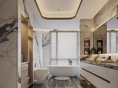 Elegant Modern Bathroom Interior With Marble Walls Bathtub Window Blinds Mirror And Cabinets 3d model